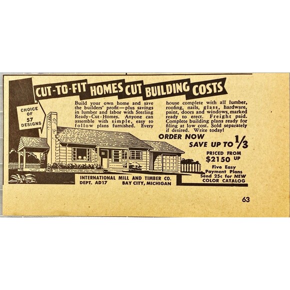 International Mill & Timber Co. "Cut to Fit Homes" Vintage Print Ad 1957 - Picture 1 of 3